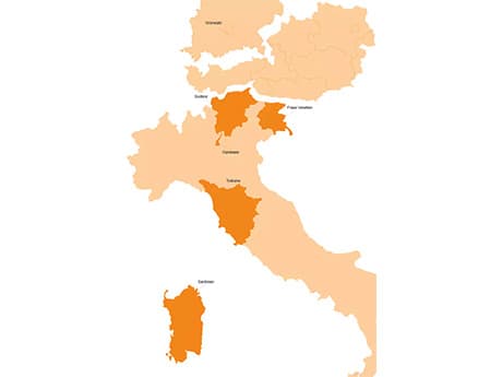 Übersichtskarte der Verkaufsregionen: Bayern, Tirol, Südtirol, Toskana und Sardinien